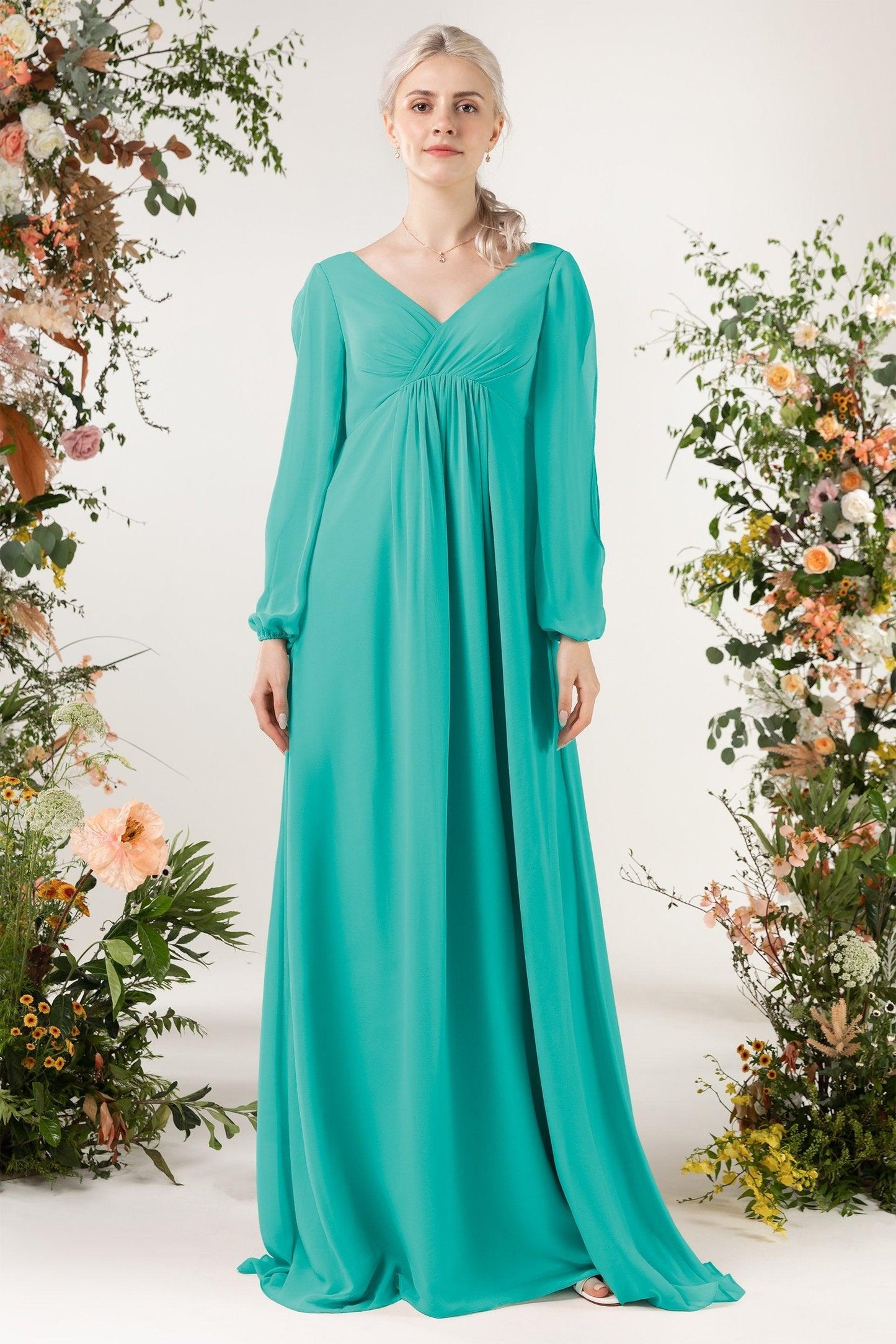 A-Line Sweep-Brush Train Chiffon Bridesmaid Dress CB0479 - COCOMELODY