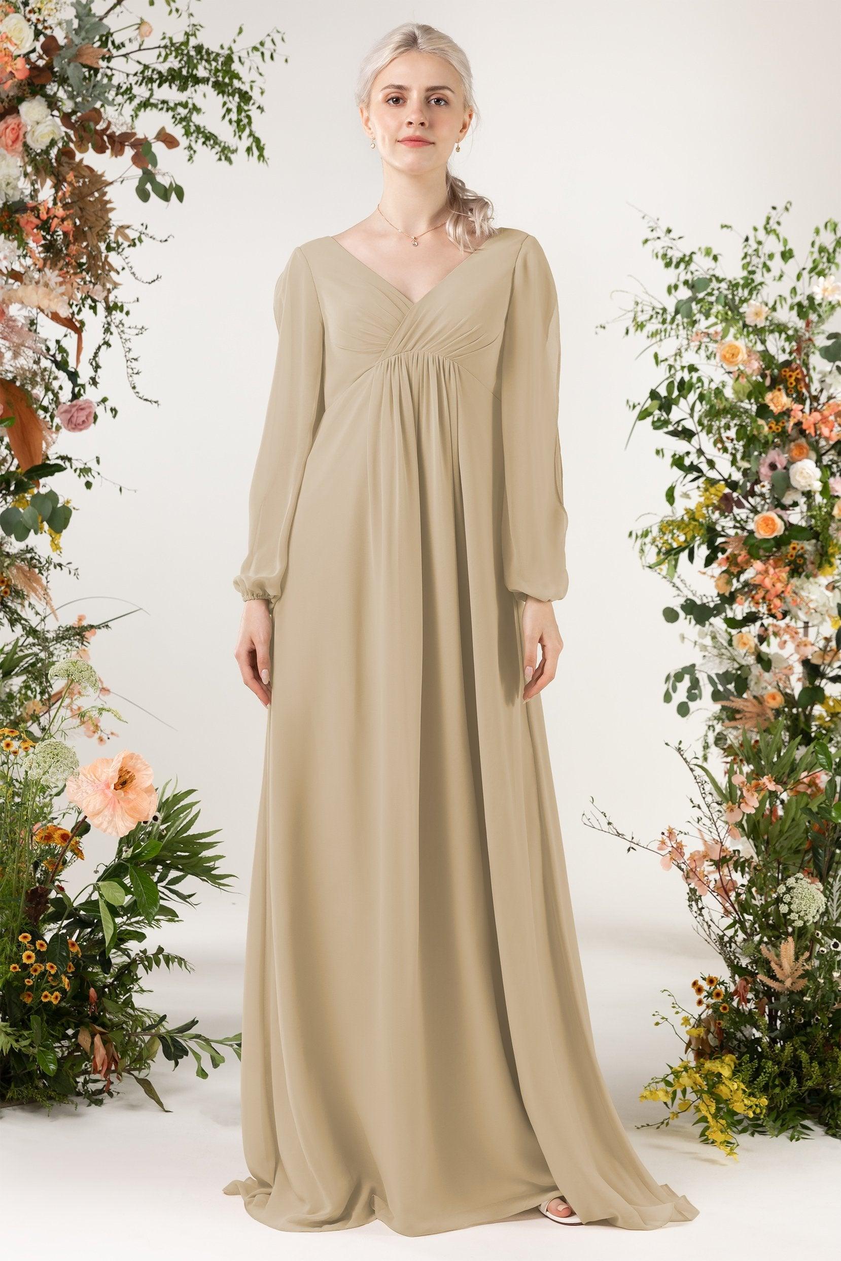 A-Line Sweep-Brush Train Chiffon Bridesmaid Dress CB0479 - COCOMELODY