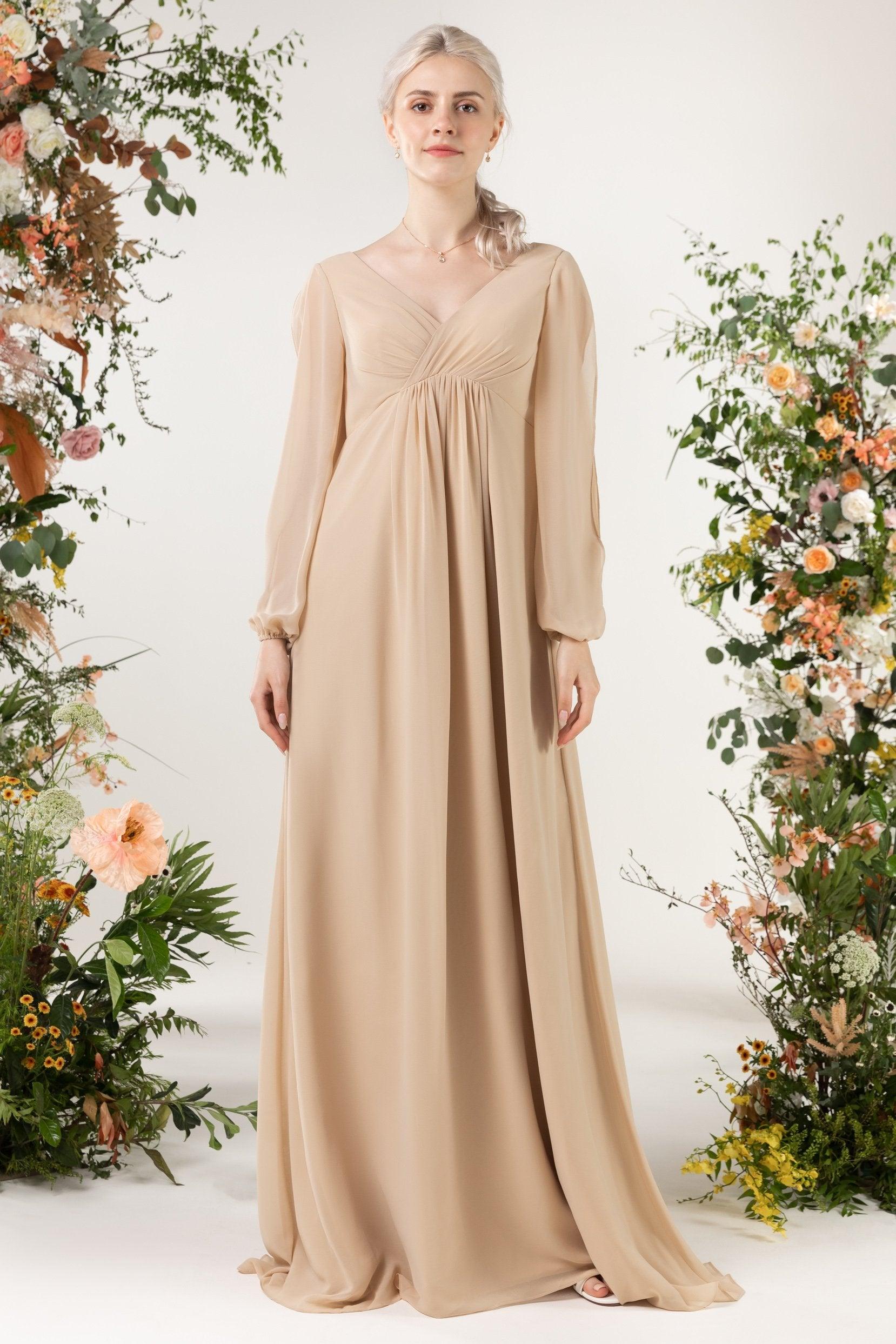 A-Line Sweep-Brush Train Chiffon Bridesmaid Dress CB0479 - COCOMELODY