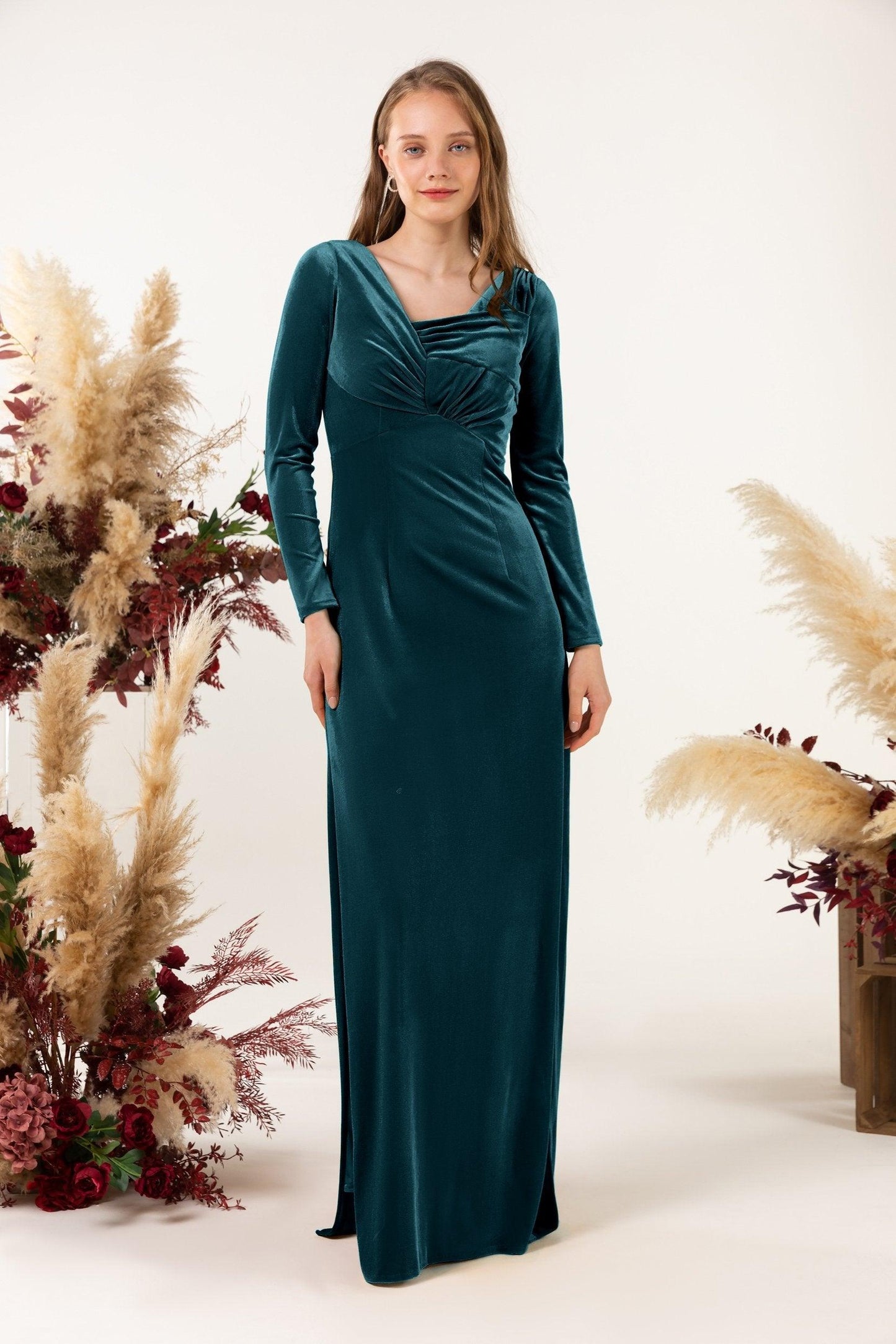 Sheath-Column Floor Length Velvet Bridesmaid Dress CB0517 - COCOMELODY