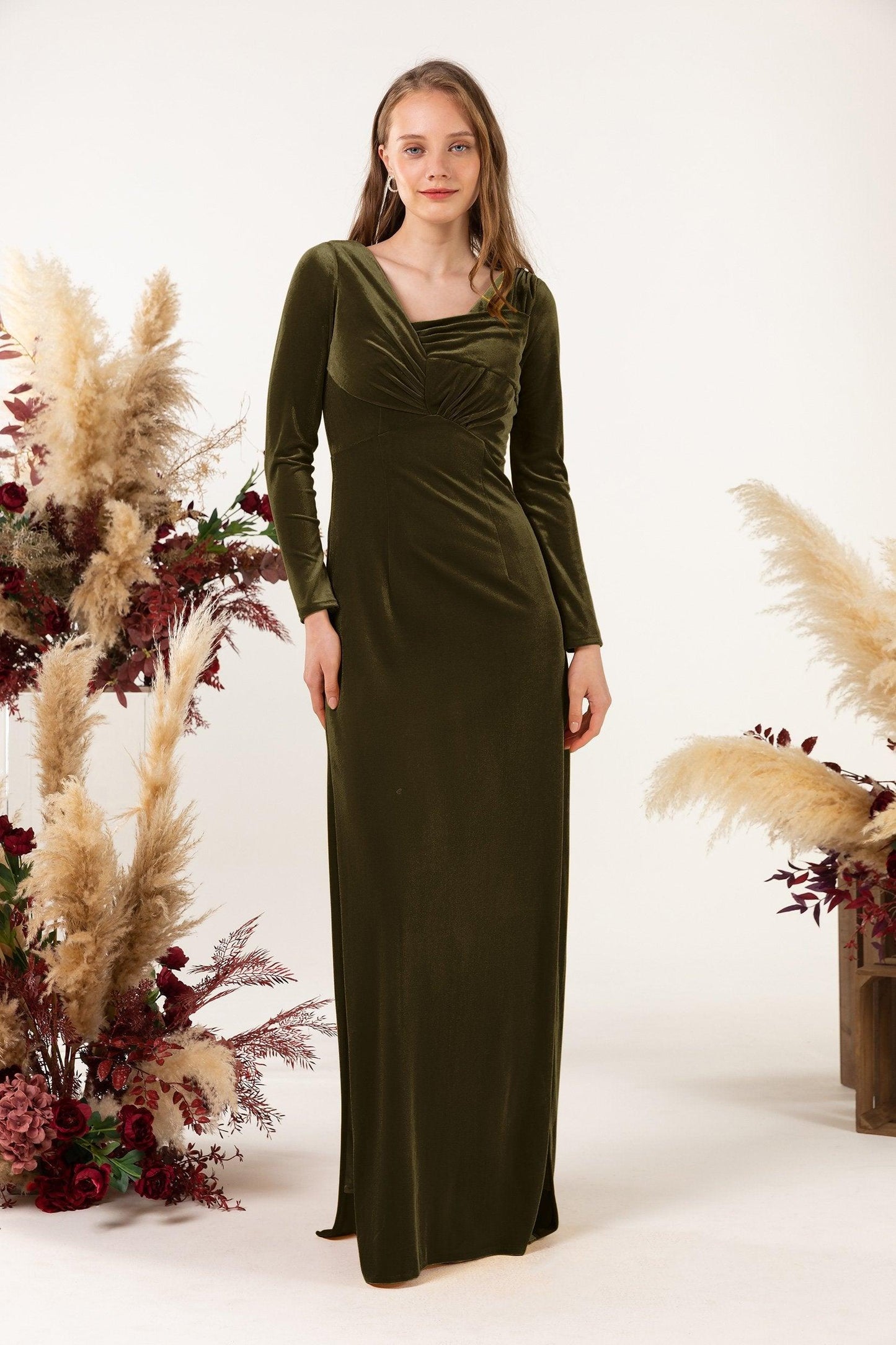 Sheath-Column Floor Length Velvet Bridesmaid Dress CB0517 - COCOMELODY