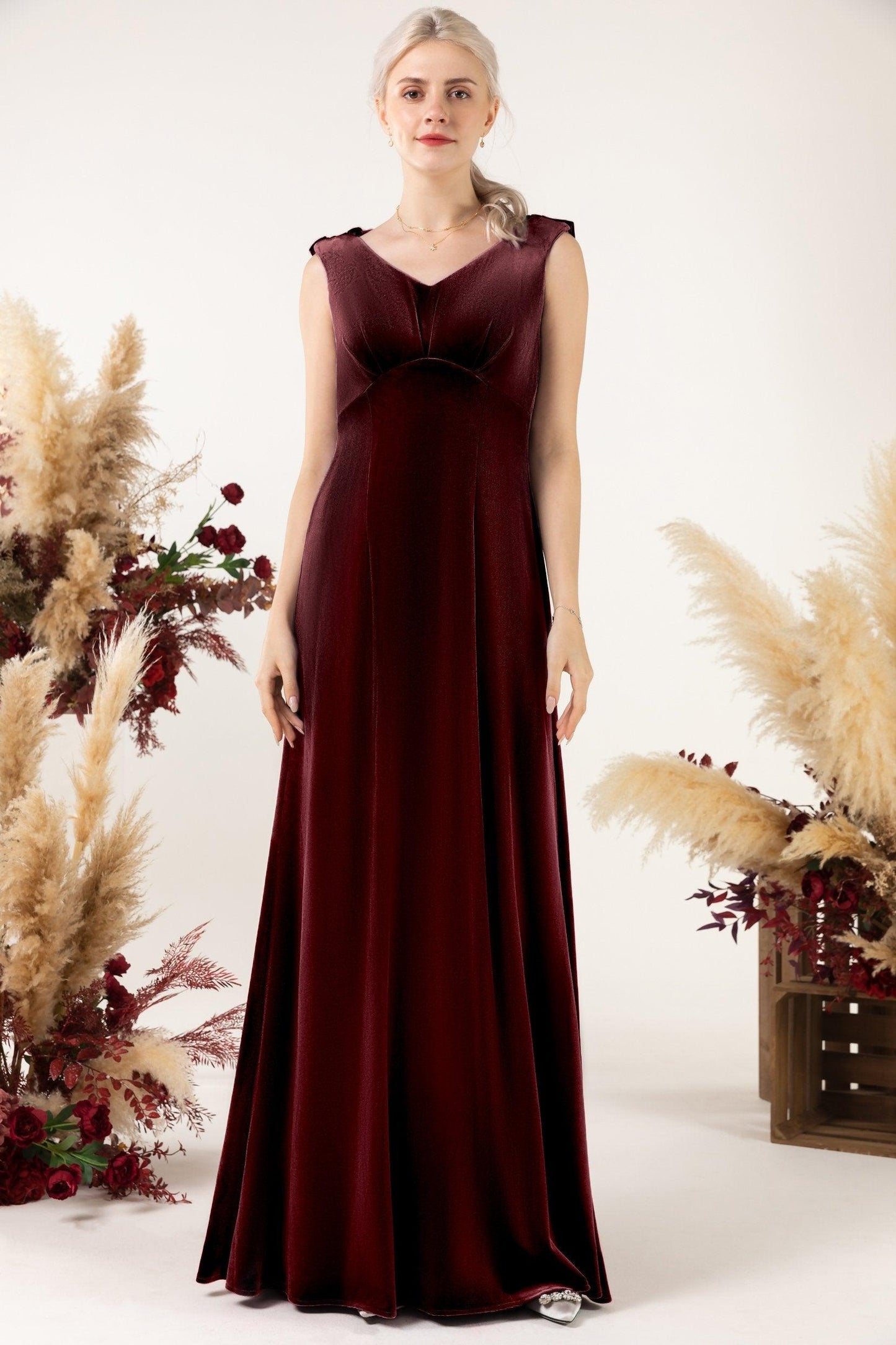 Sheath-Column Floor Length Velvet Bridesmaid Dress Formal Dresses CB0524 - COCOMELODY