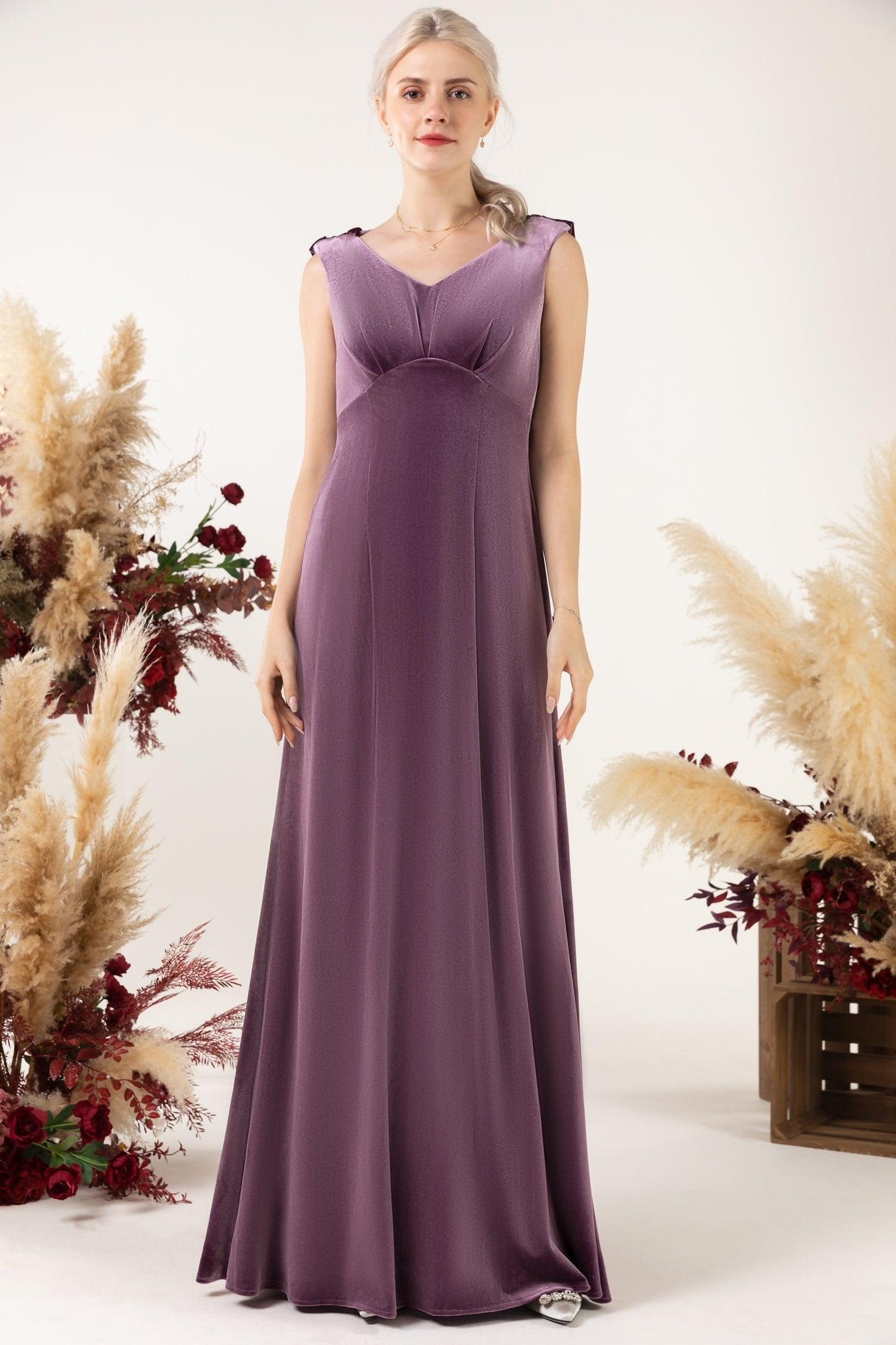 Sheath-Column Floor Length Velvet Bridesmaid Dress Formal Dresses CB0524 - COCOMELODY