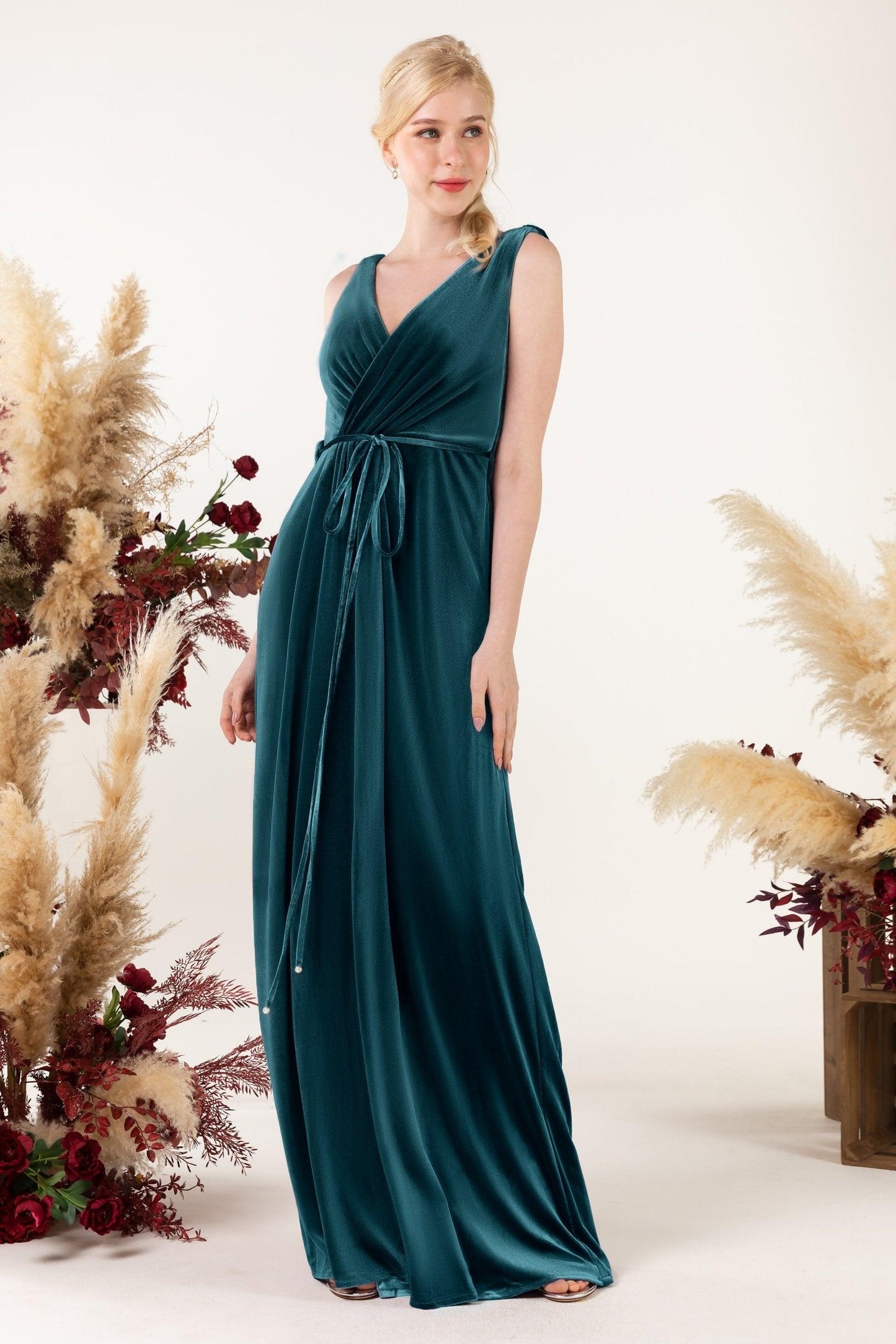 Sheath-Column Floor Length Velvet Bridesmaid Dress Formal Dresses CB0525 - COCOMELODY