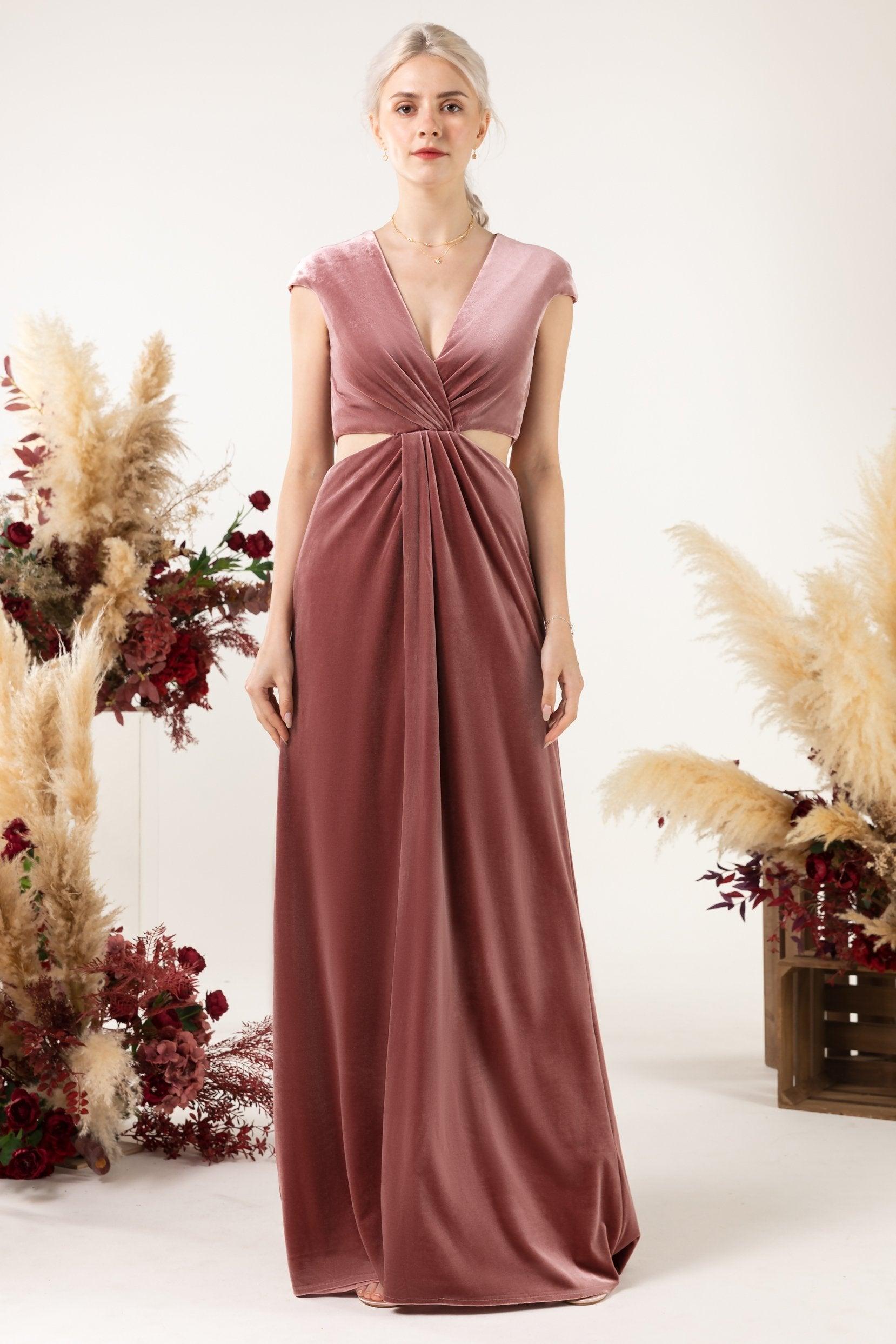 Sheath Sweep-Brush Train Velvet Bridesmaid Dress Formal Dresses CB0527 - COCOMELODY