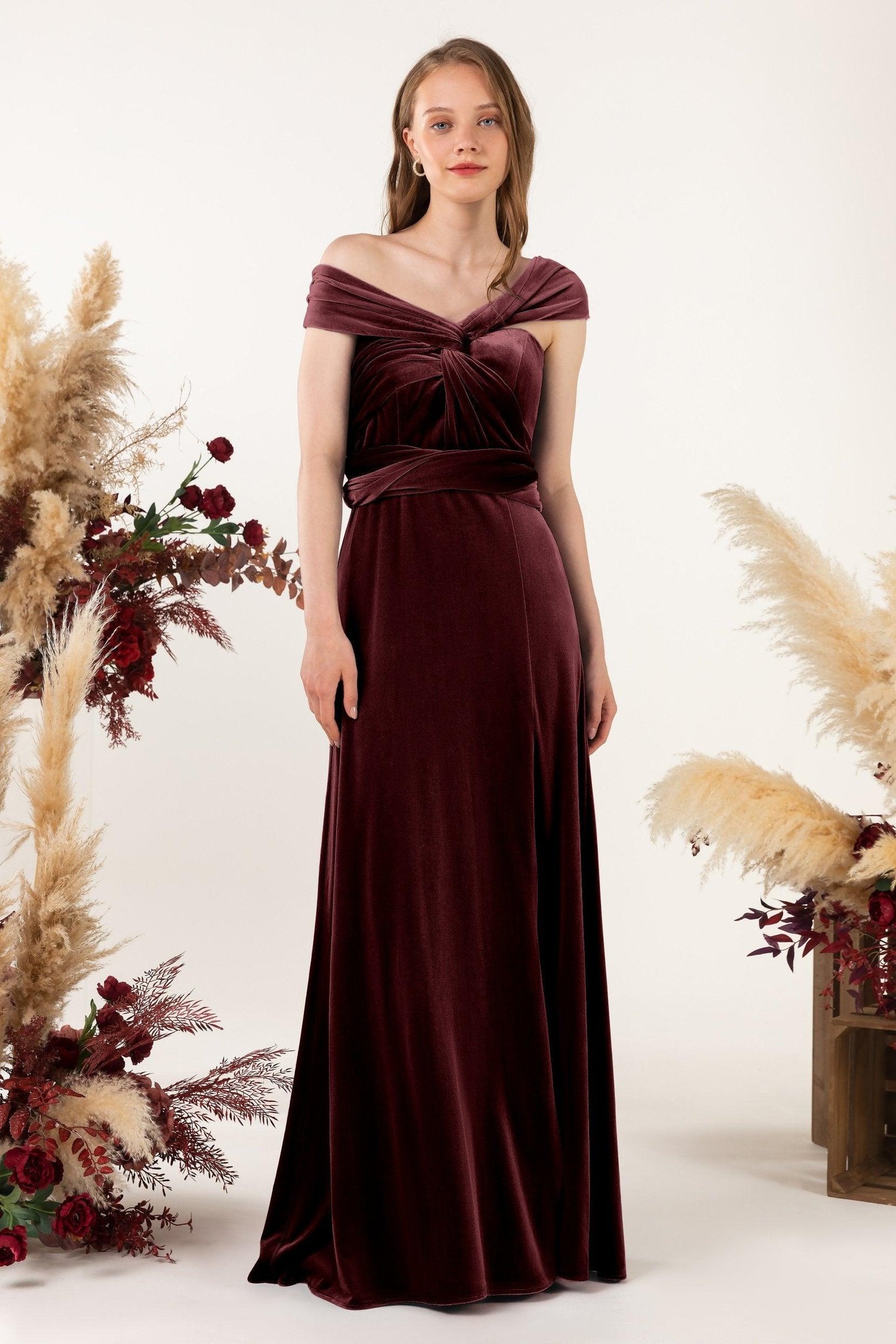 Sheath-Column Floor Length Velvet Bridesmaid Dress Formal Dresses CB0529 - COCOMELODY
