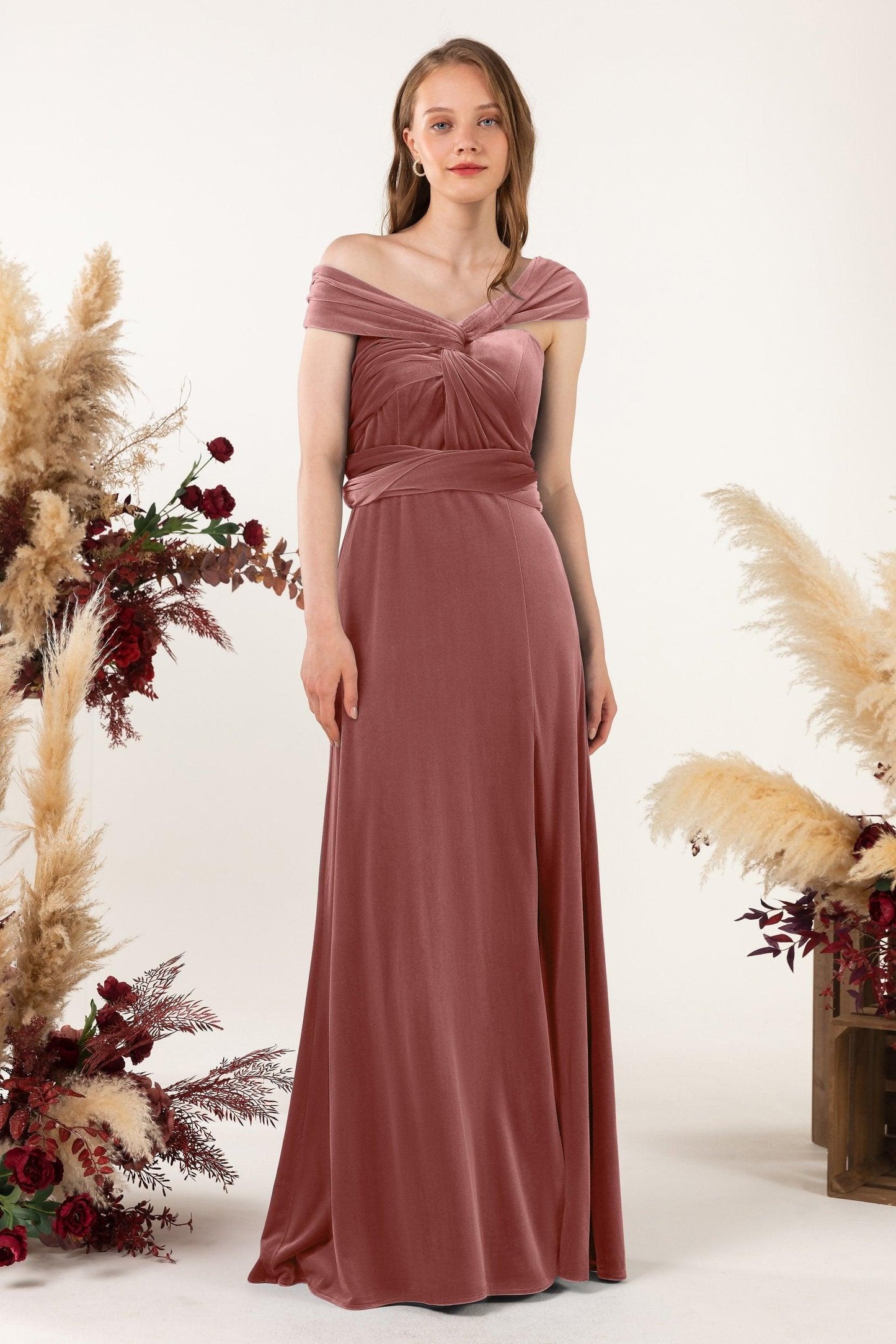 Sheath-Column Floor Length Velvet Bridesmaid Dress Formal Dresses CB0529 - COCOMELODY