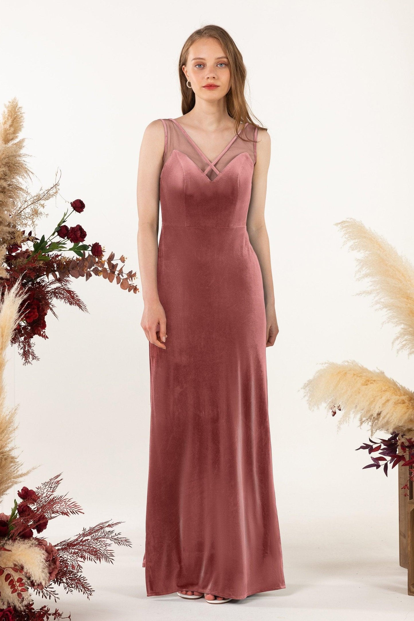 Sheath-Column Floor Length Velvet Bridesmaid Dress Formal Dresses CB0532 - COCOMELODY