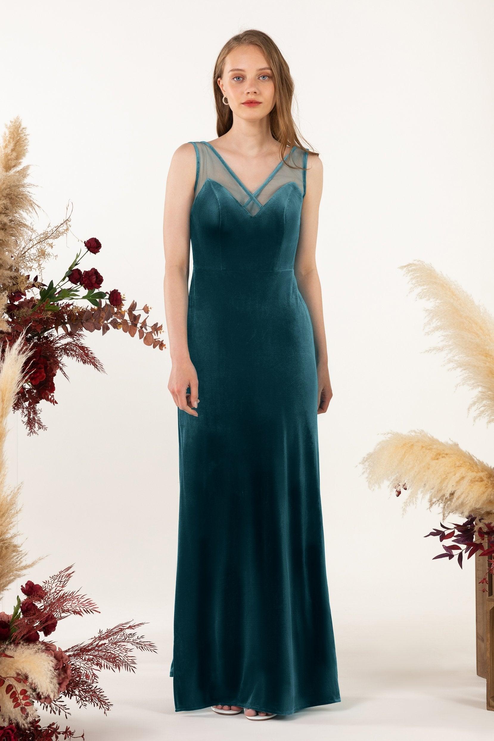 Sheath-Column Floor Length Velvet Bridesmaid Dress Formal Dresses CB0532 - COCOMELODY