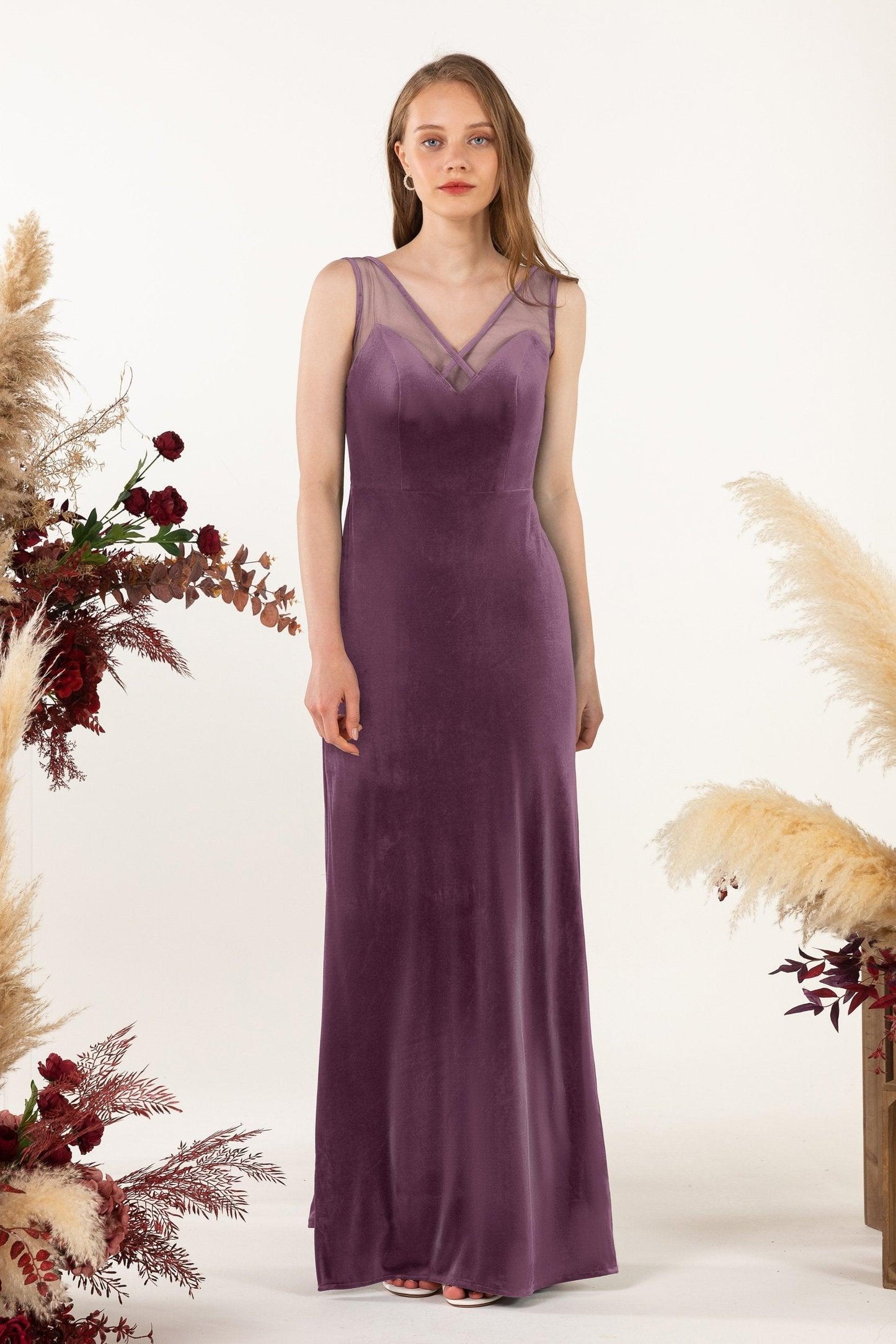 Sheath-Column Floor Length Velvet Bridesmaid Dress Formal Dresses CB0532 - COCOMELODY