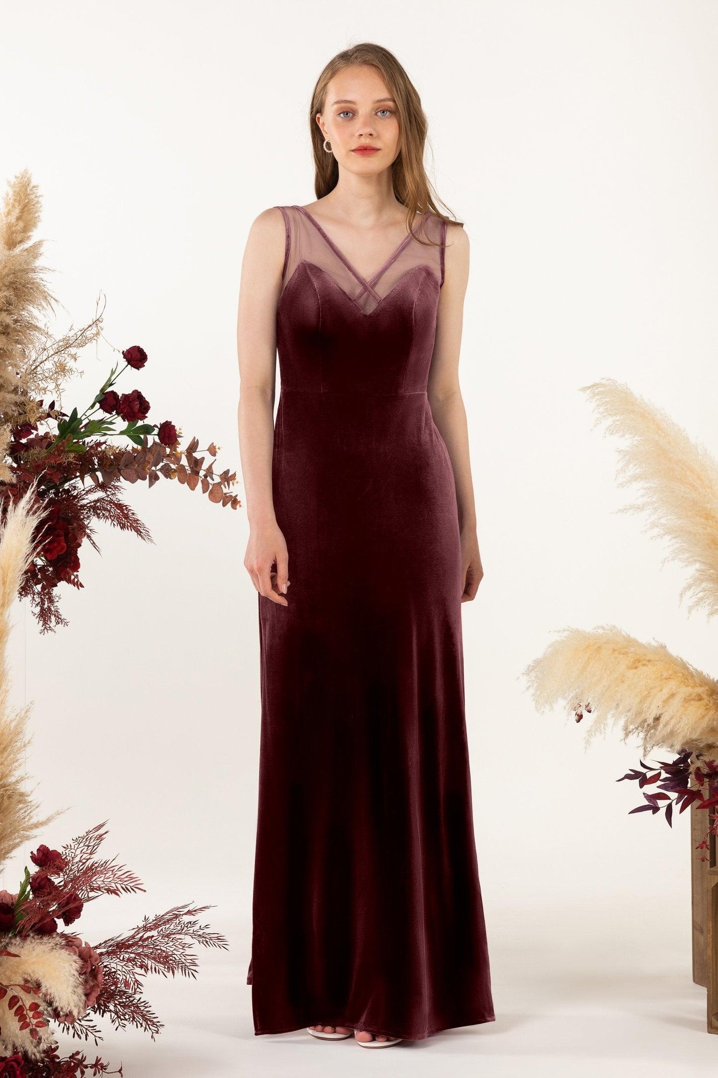 Sheath-Column Floor Length Velvet Bridesmaid Dress Formal Dresses CB0532 - COCOMELODY