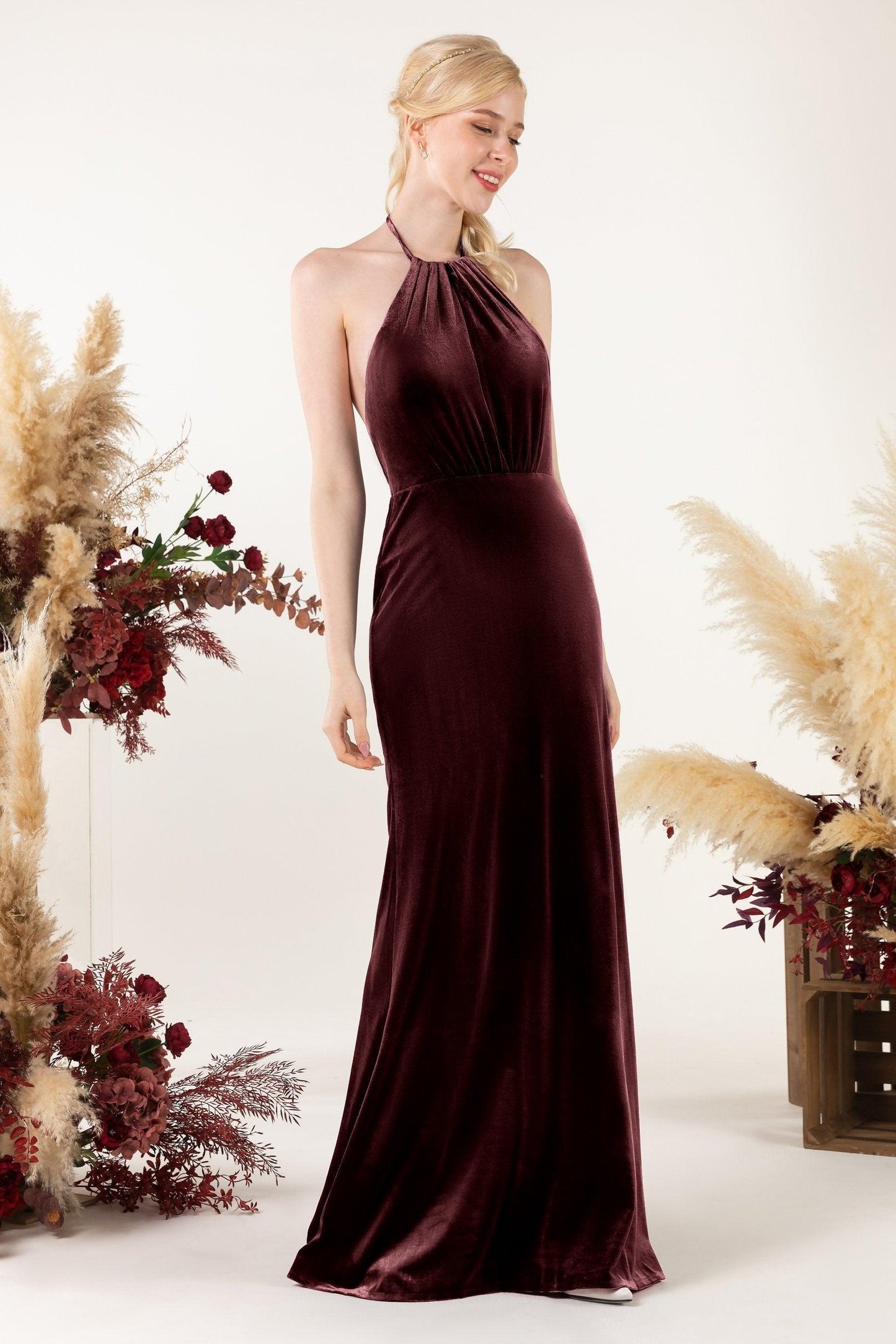Trumpet Sweep-Brush Train Velvet Bridesmaid Dress Formal Dresses CB0534 - COCOMELODY