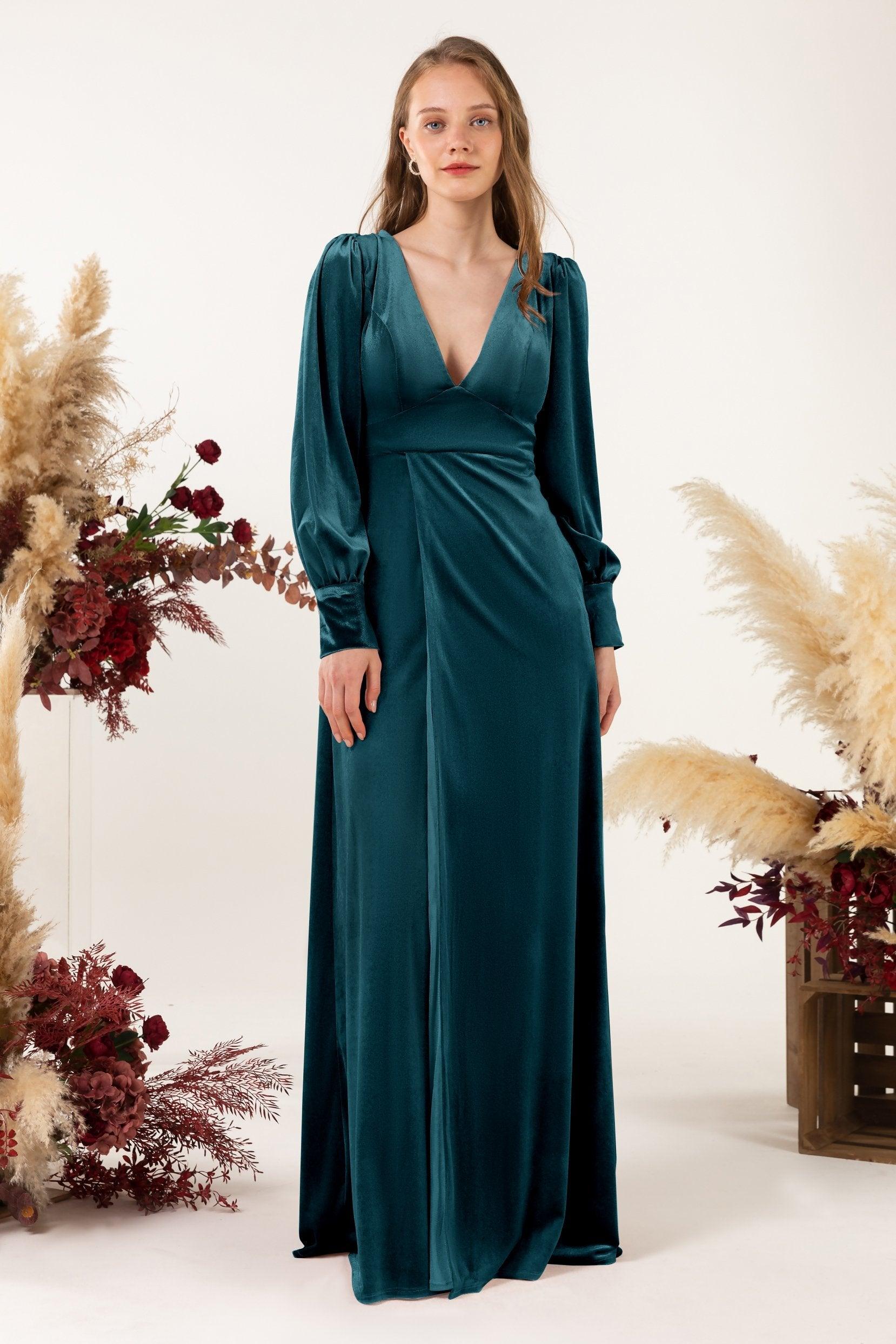 Sheath-Column Floor Length Velvet Bridesmaid Dress Formal Dresses CB0535 - COCOMELODY