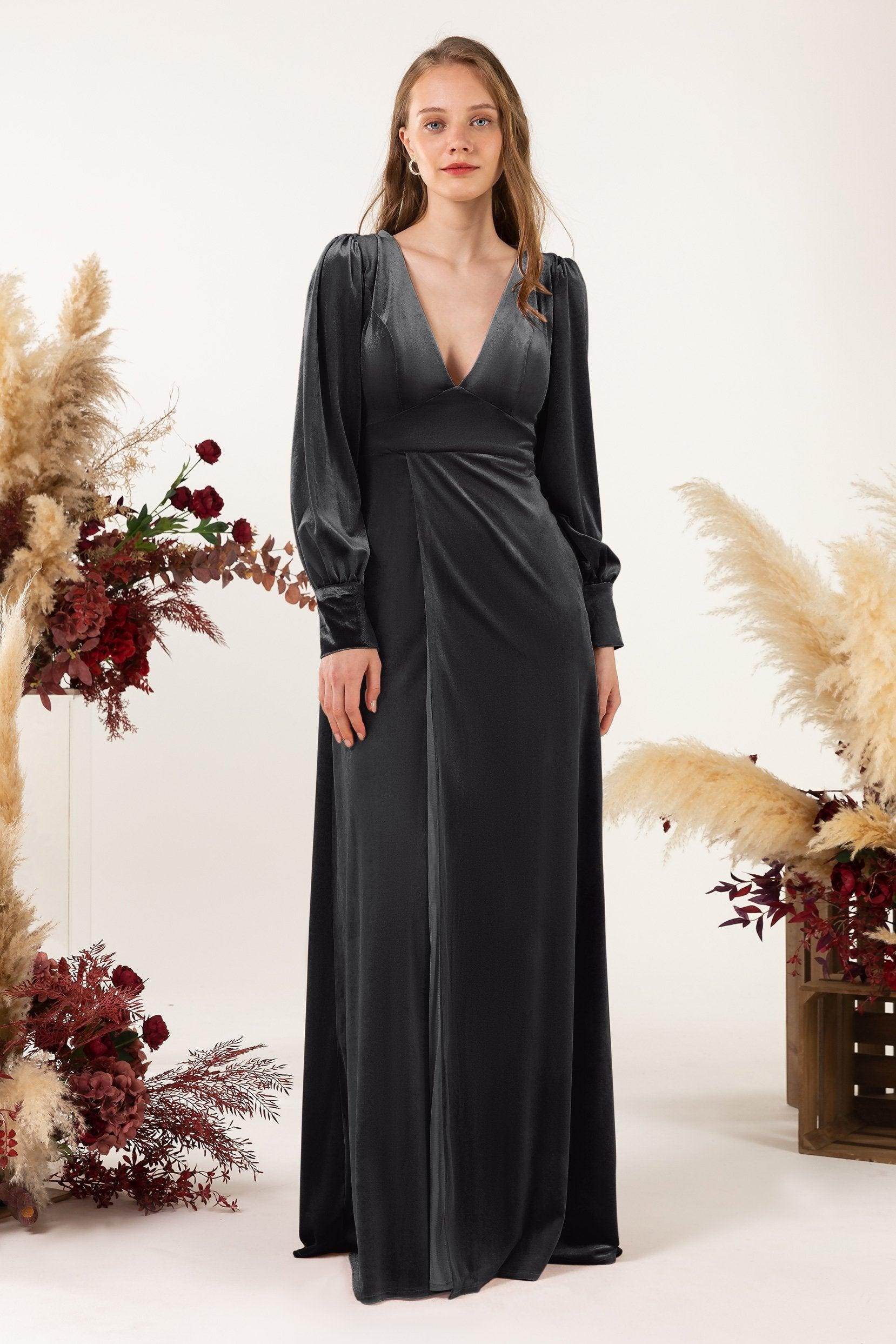 Sheath-Column Floor Length Velvet Bridesmaid Dress COCOMELODY CB0535, Dark Dusty Blue Sheath-Column Floor Length Velvet Bridesmaid Dress COCOMELODY CB0535, Dark Dusty Blue