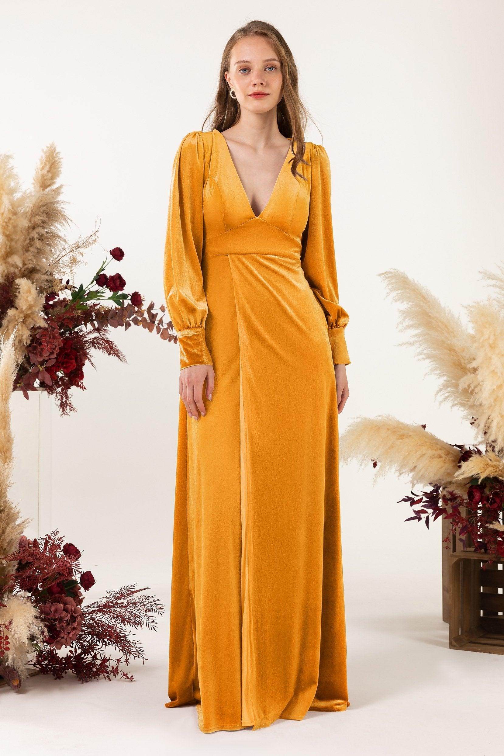 marigold velvet bridesmaid dress Sheath-Column Floor Length Velvet Bridesmaid Dress Formal Dresses CB0535