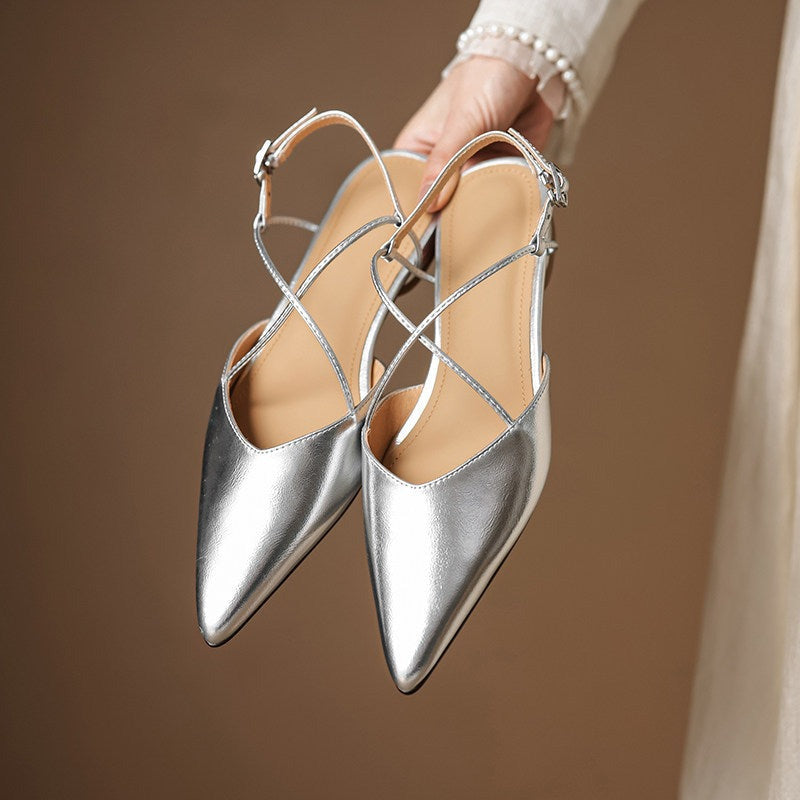 Pointed Toe Slingback Flats with Strappy Metallic Finish Shoes 1048732161565