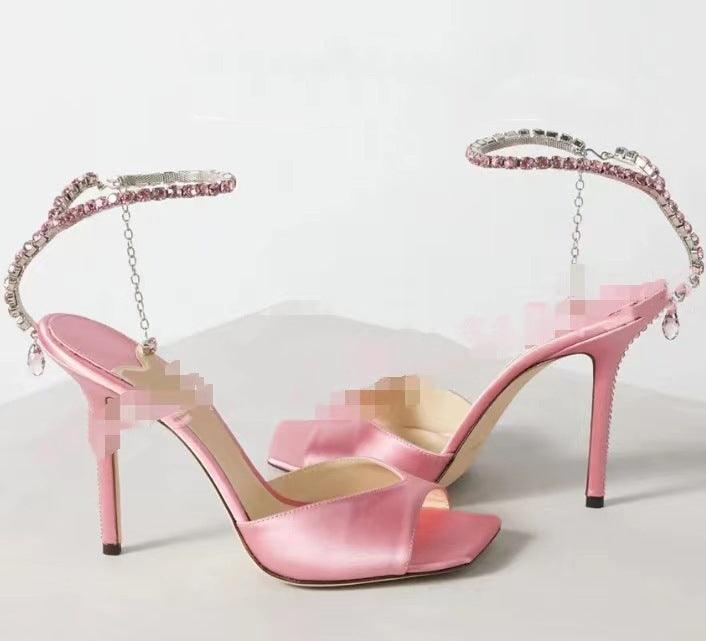 Glitter and Rhinestone Ankle Strap Square Stiletto Heels 695399992506