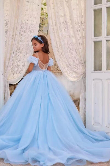 Off-Shoulder Puff Sleeve Corset Tulle Flower Girl Dresses 788863068858 - 10 Days / Blue / 2 - COCOMELODY