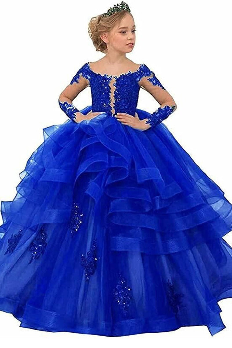 A-Line Off The Shoulder Long Sleeve Tulle Floor Length Flower Girl Dresses 617925271837