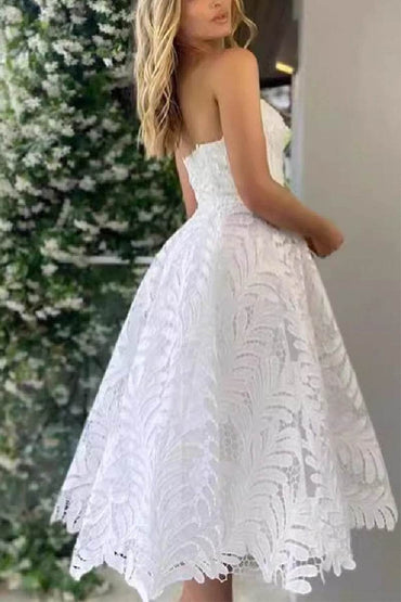 A-Line Tea Length Lace Little White Dress 100060 - COCOMELODY