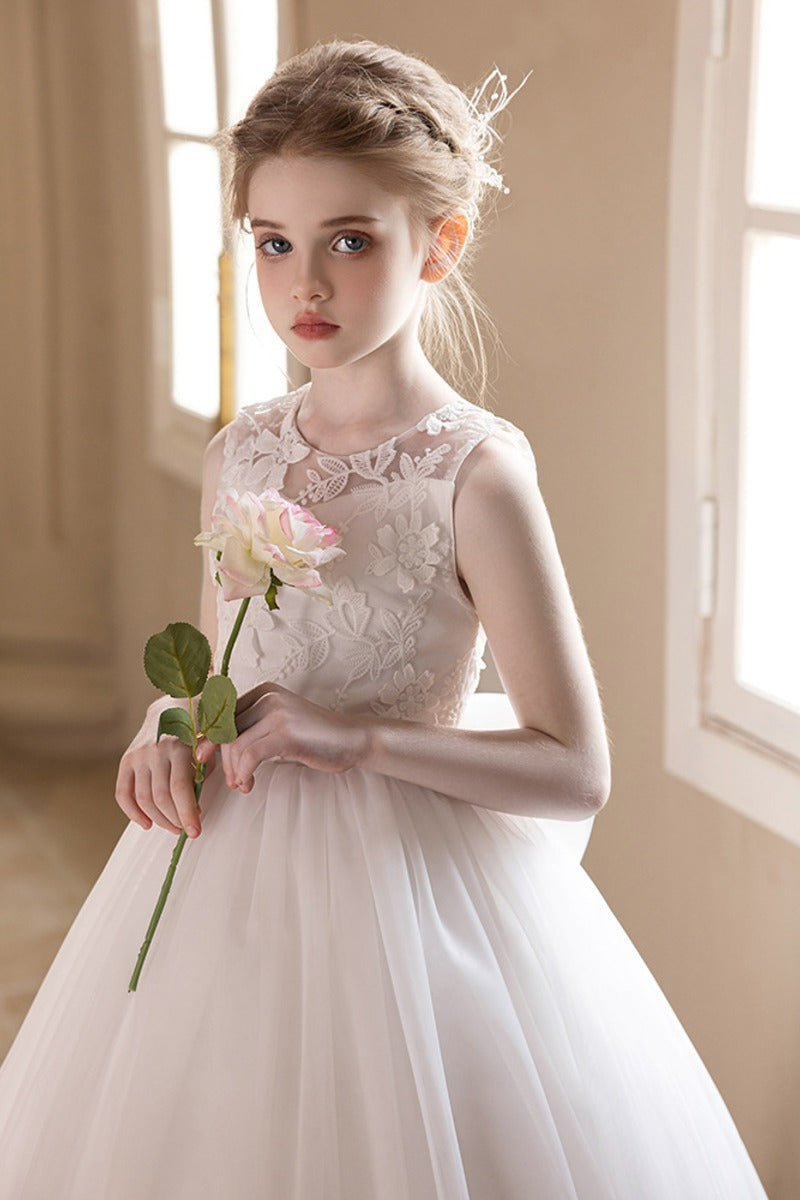 A-Line Sleeveless Sheer Back Bow Tulle Floor Length Flower Girl Dresses 915610270037