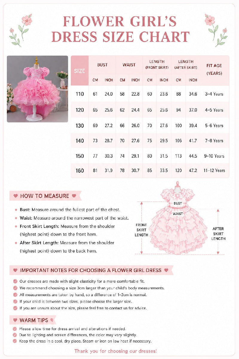 Princess Pearl Round Neck Short Puff Bubble Sleeve Ruffled Hi-Low Tulle Flower Girl Dresses 1030620832344