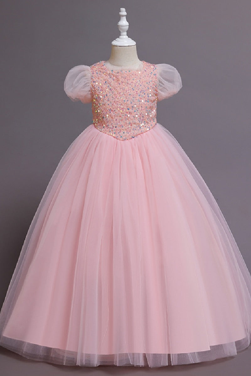 A-Line Short Puff Sleeve Sequin Rainbow Tulle Floor-Length Flower Girl Dresses 1029773142446