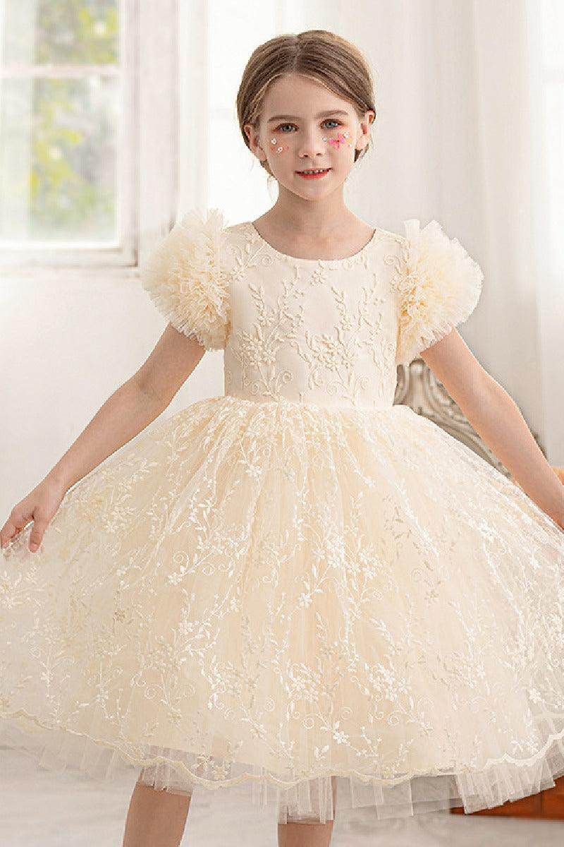 A-line/Princess Scoop Neck Knee-Length Lace Flower Girl Dress With Bowknot 769937282891 - COCOMELODY
