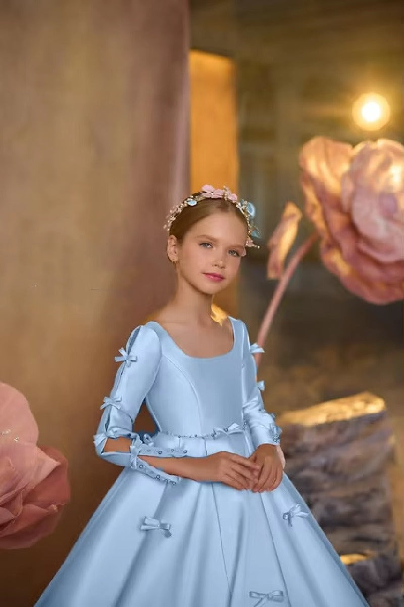 Square Neck Mini Bow Applique Satin Flower Girl Dresses 673032897062