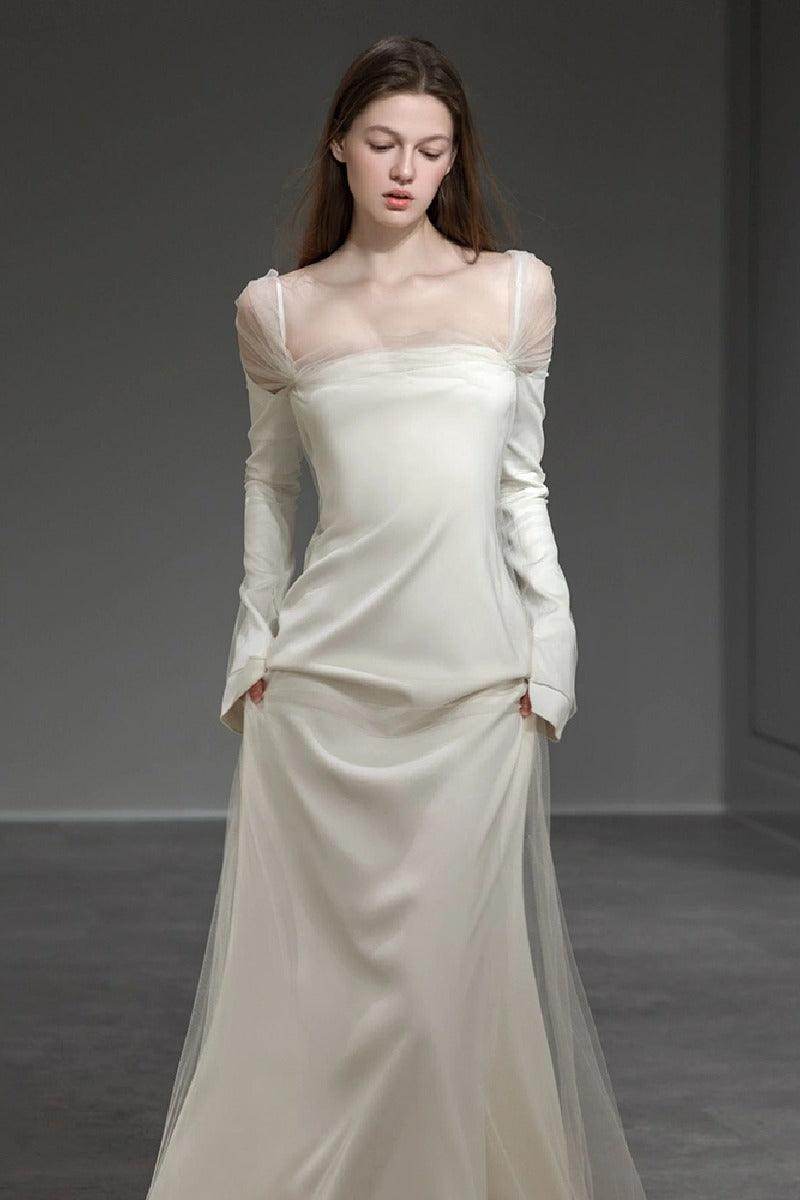 A-Line Sweep-Brush Train Satin Wedding Dress 743493384317 - COCOMELODY