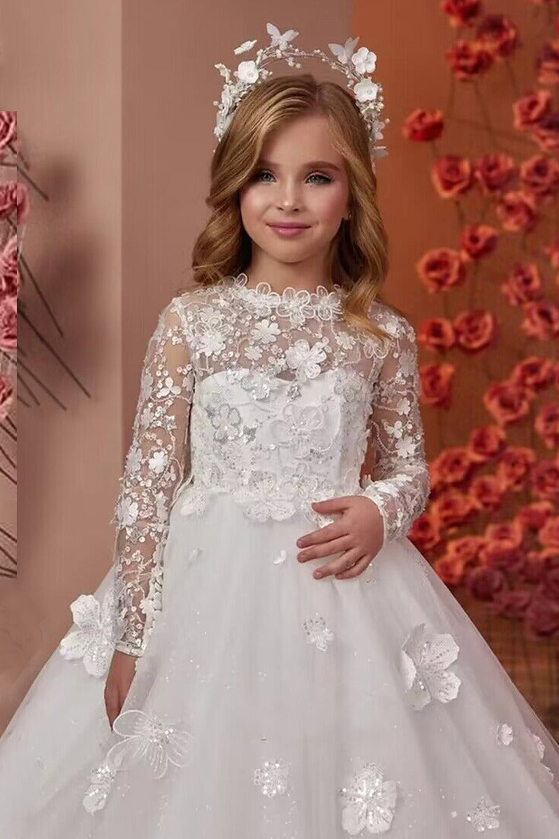 Ball Gown Illusion Round Neck Full Sheer Lace Long Sleeves Tulle Sweep-Brush Train Flower Girl Dresses 771181198778