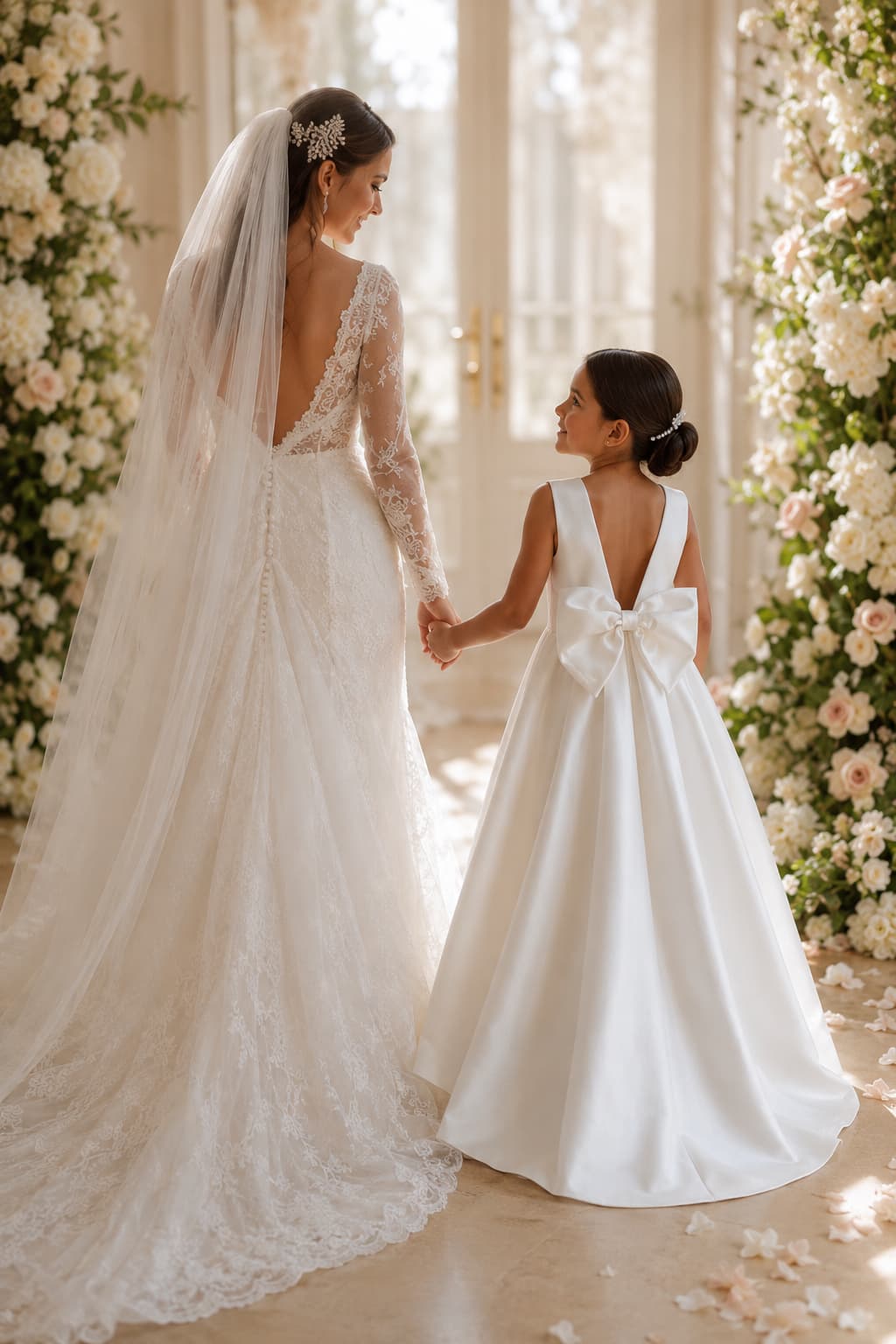 Elegant Satin V-Back Bow Sweep-Brush Train Flower Girl Dresses 985833041393