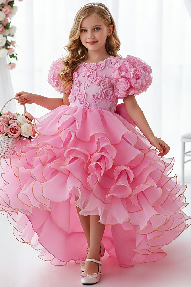 Princess Pearl Round Neck Short Puff Bubble Sleeve Ruffled Hi-Low Tulle Flower Girl Dresses 1030620832344
