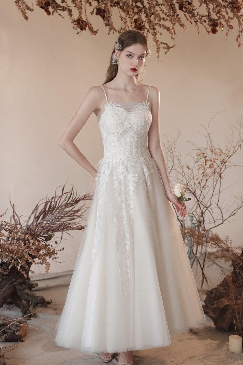 A-Line Ankle Length Lace Tulle Wedding Dress 820734030790 - COCOMELODY