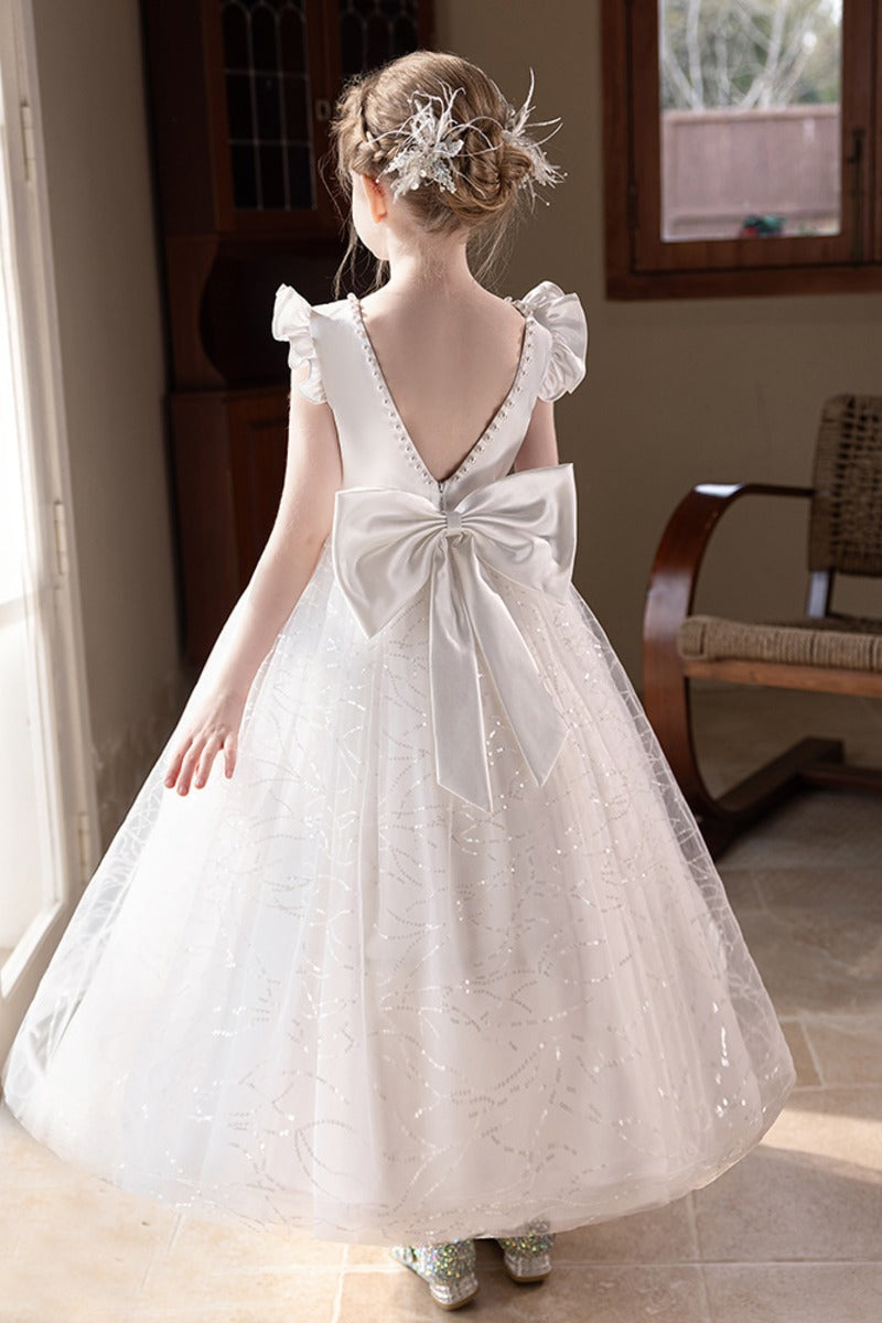 Sequin Tulle Ruffle Sleeves Pearl V-Back Bow Flower Girl Dresses 915170698367