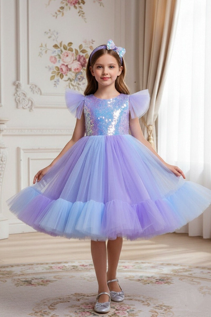 Ball Gown Flutter Sleeve Iridescent Sequin Tulle Matching Bow Headband Flower Girl Dresses 1031506040712