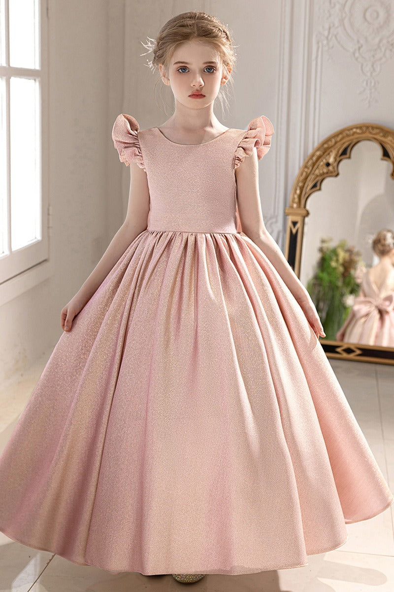 Glitter Fabric Gown Ruffle Sleeves Bow Floor Length Flower Girl Dresses 916560252784