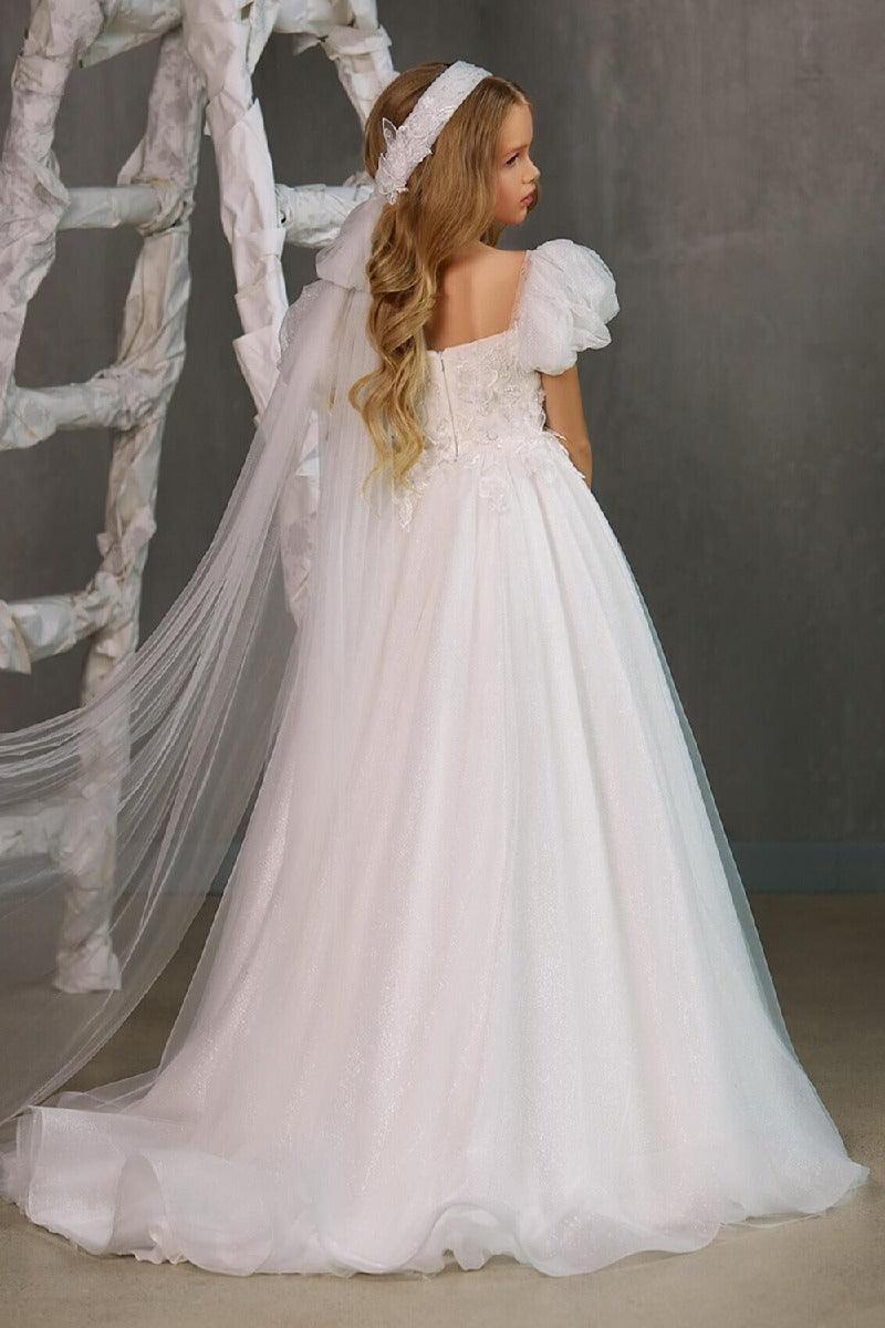 A-Line Square Neck Puff Sleeves Tulle Flower Girl Dresses 748560176475