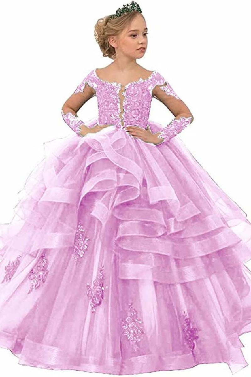 A-Line Off The Shoulder Long Sleeve Tulle Floor Length Flower Girl Dresses 617925271837