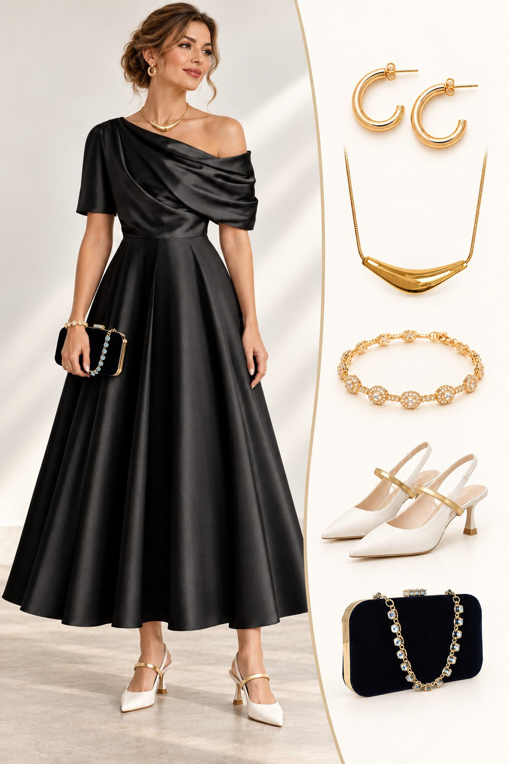 A Line One shoulder Half Sleeve Ankle Length Mother Dresses CM0366 - M-Black - COCOMELODY