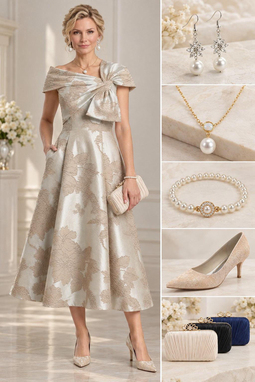 A-Line Tea Length Jacquard Mother of the Bride Dress CM0413 - Champagne Floral - COCOMELODY