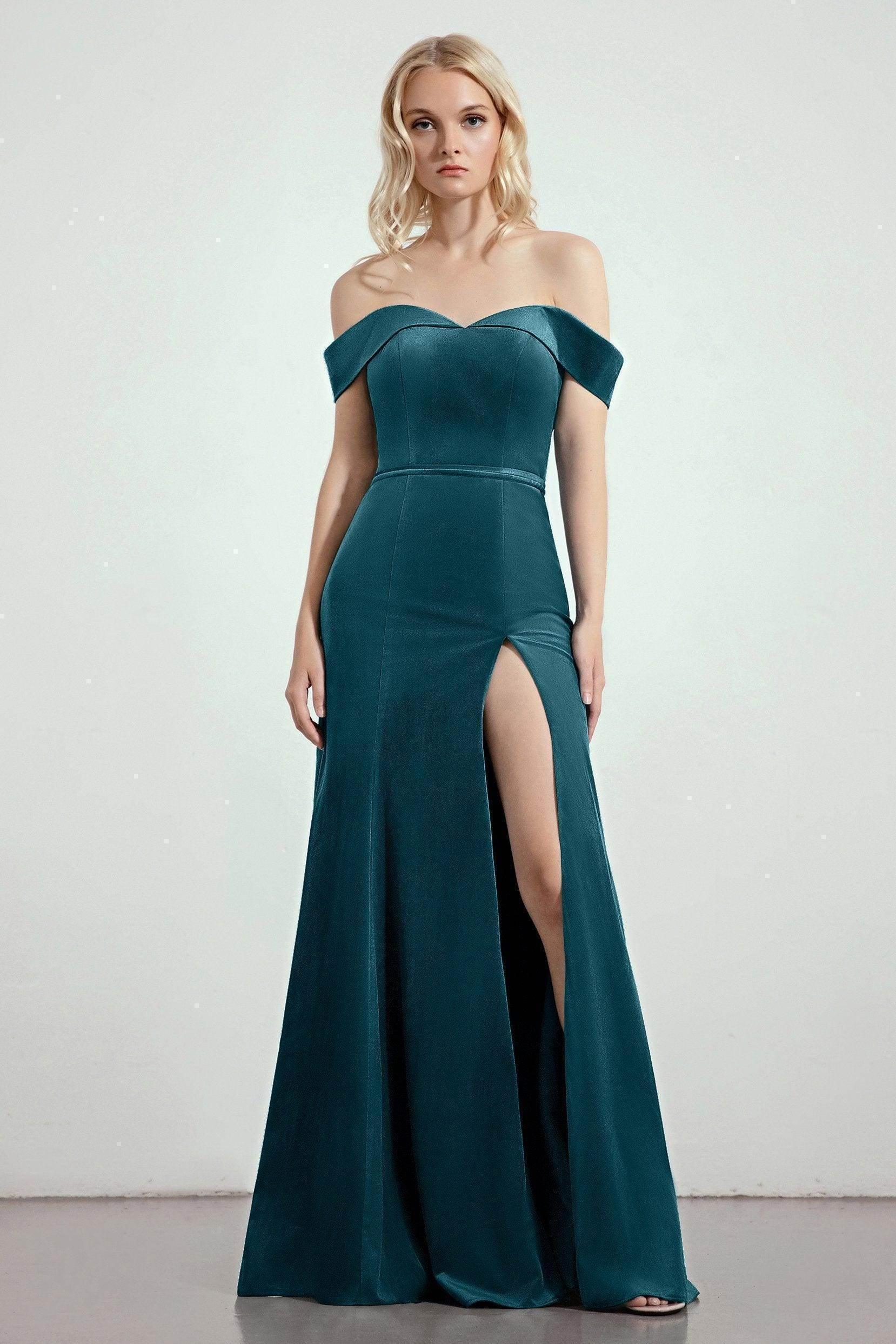 Off The Shoulder High Slit Velvet Bridesmaid Dresses with Belt COCOMELODY CB0271, Dusty Rose Off The Shoulder High Slit Velvet Bridesmaid Dresses with Belt COCOMELODY CB0271, Dusty Rose