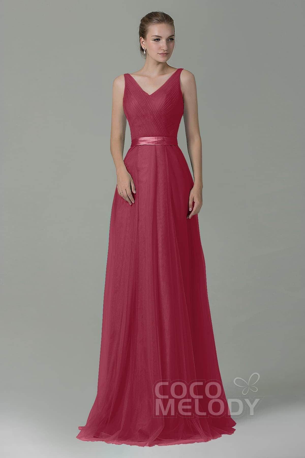 Sheath-Column Floor Length Tulle Bridesmaid Dress COZF1500F - COCOMELODY