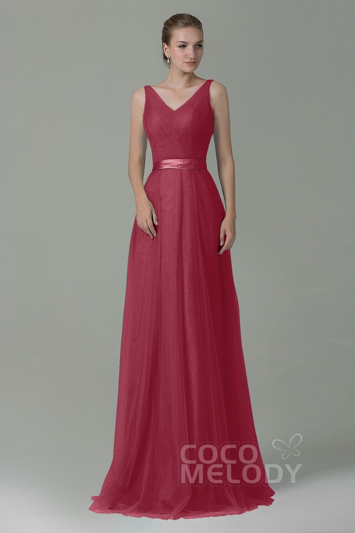 Sheath-Column Floor Length Tulle Bridesmaid Dress COZF1500F - COCOMELODY