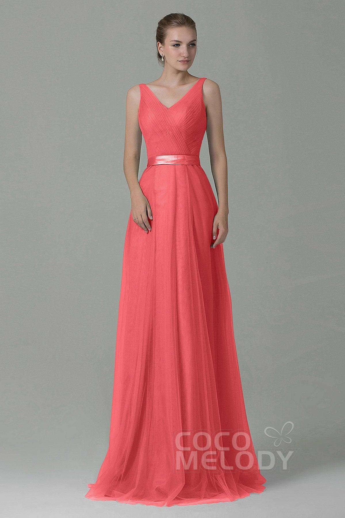Sheath-Column Floor Length Tulle Bridesmaid Dress COZF1500F - COCOMELODY