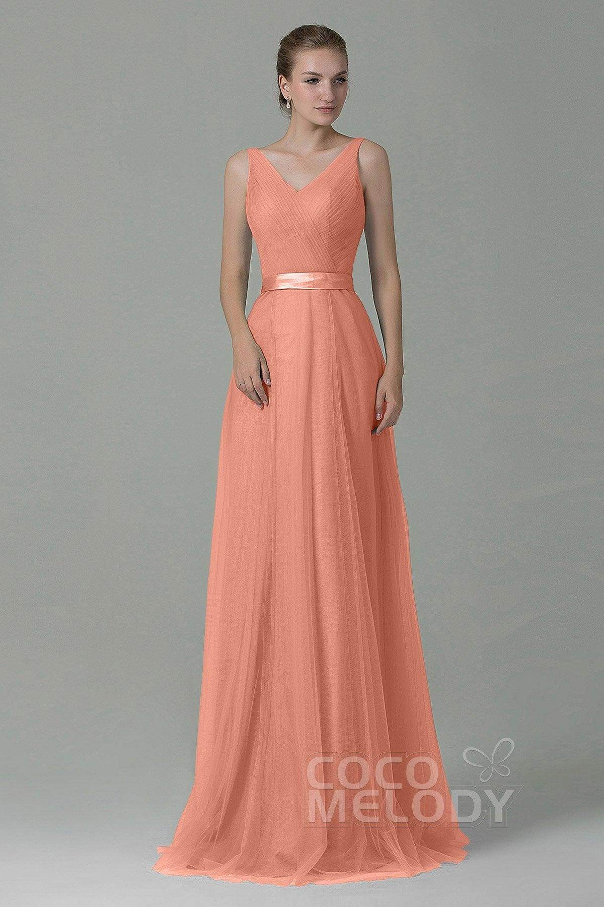Sheath-Column Floor Length Tulle Bridesmaid Dress COZF1500F - COCOMELODY