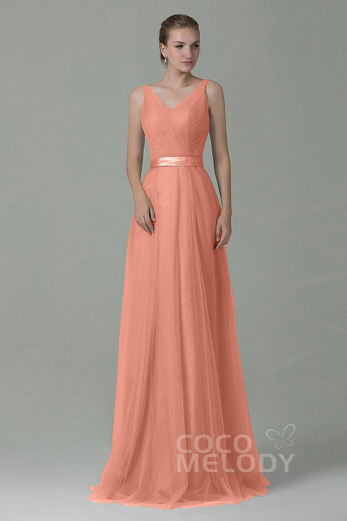 Sheath-Column Floor Length Tulle Bridesmaid Dress COZF1500F - COCOMELODY