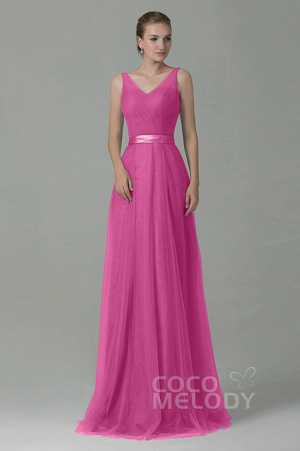 Sheath-Column Floor Length Tulle Bridesmaid Dress COZF1500F - COCOMELODY