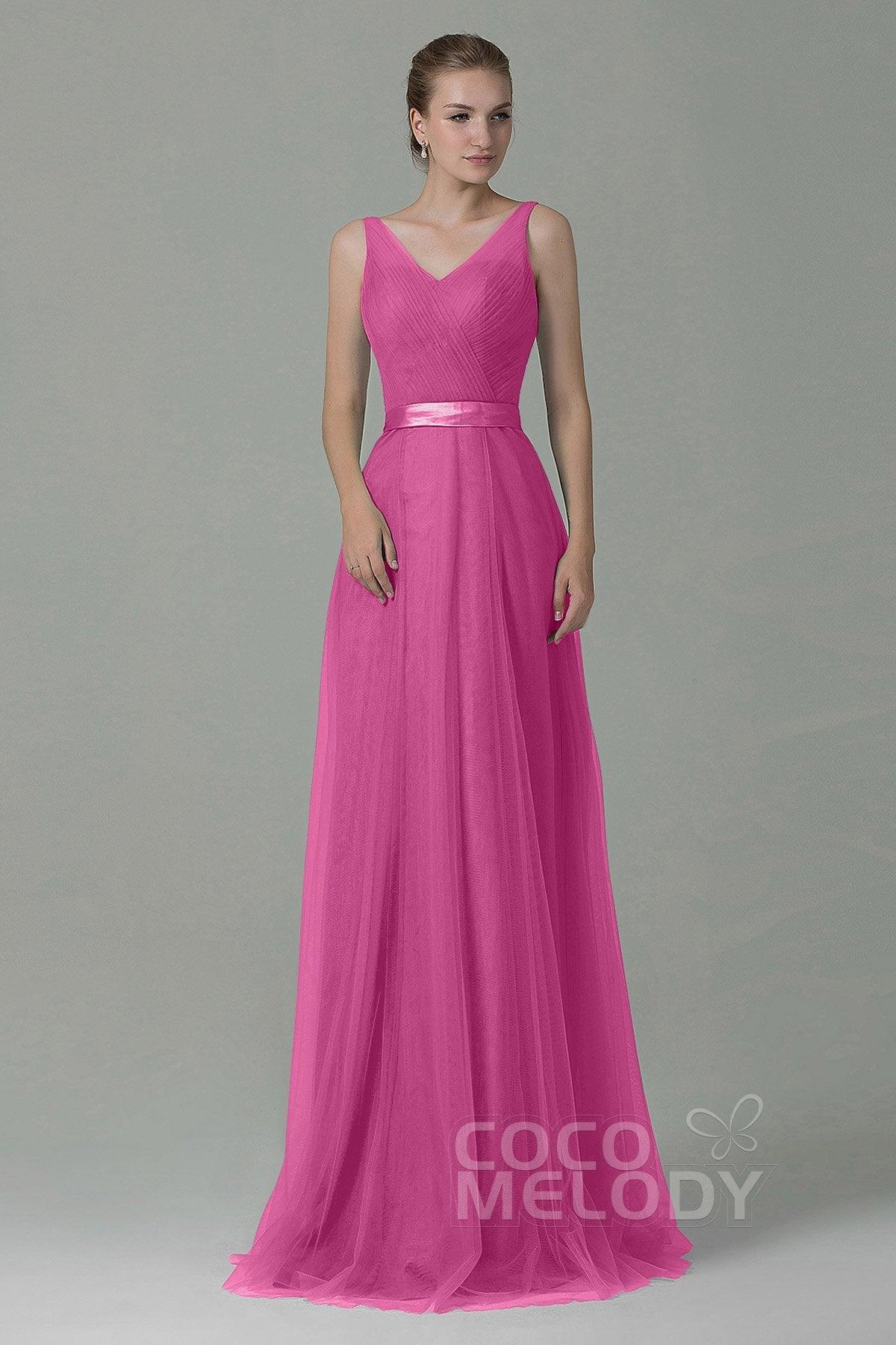 Sheath-Column Floor Length Tulle Bridesmaid Dress COZF1500F - COCOMELODY