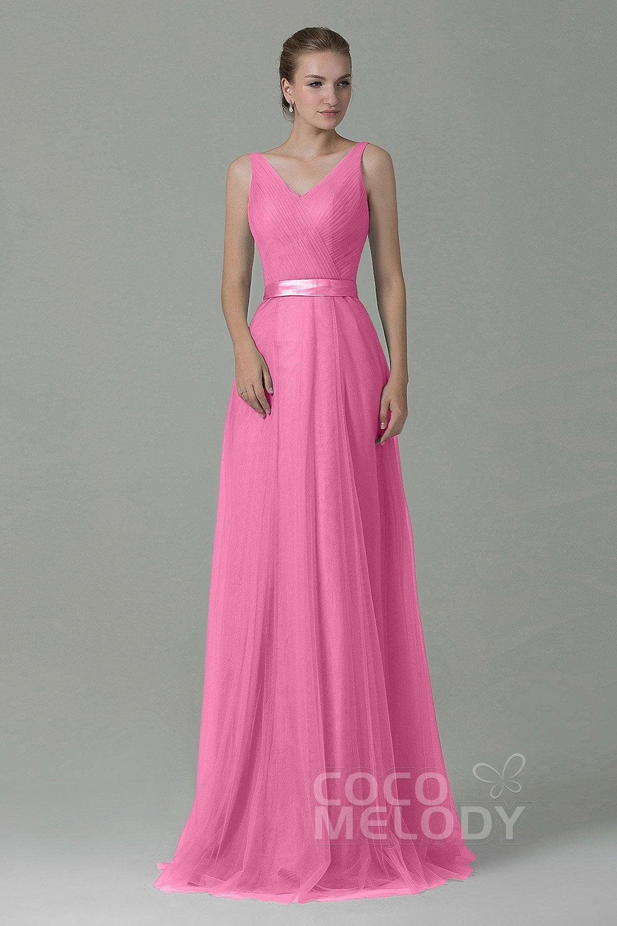 Sheath-Column Floor Length Tulle Bridesmaid Dress COZF1500F - COCOMELODY